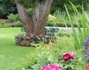 A circular rustic bench and wrought iron table and chairs allow for a range of outdoor activities